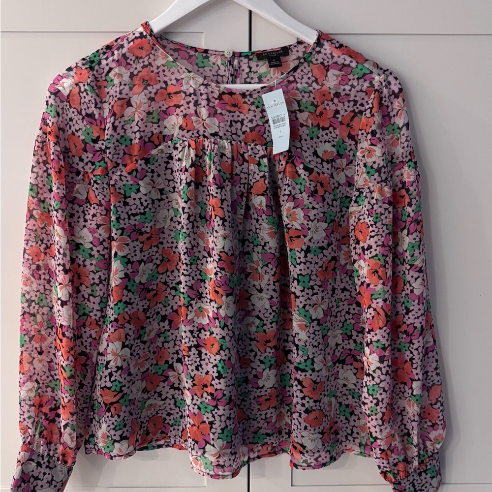NWT Ann Taylor Floral Long-Sleeve Blouse - Pink, Green, Orange